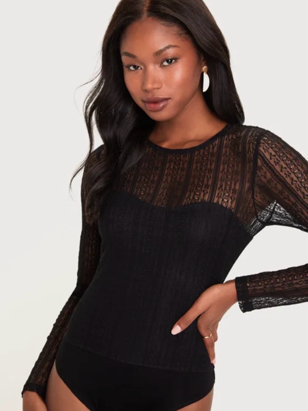 Lulu's Black Lace Long-Sleeve Sheer Bodysuit